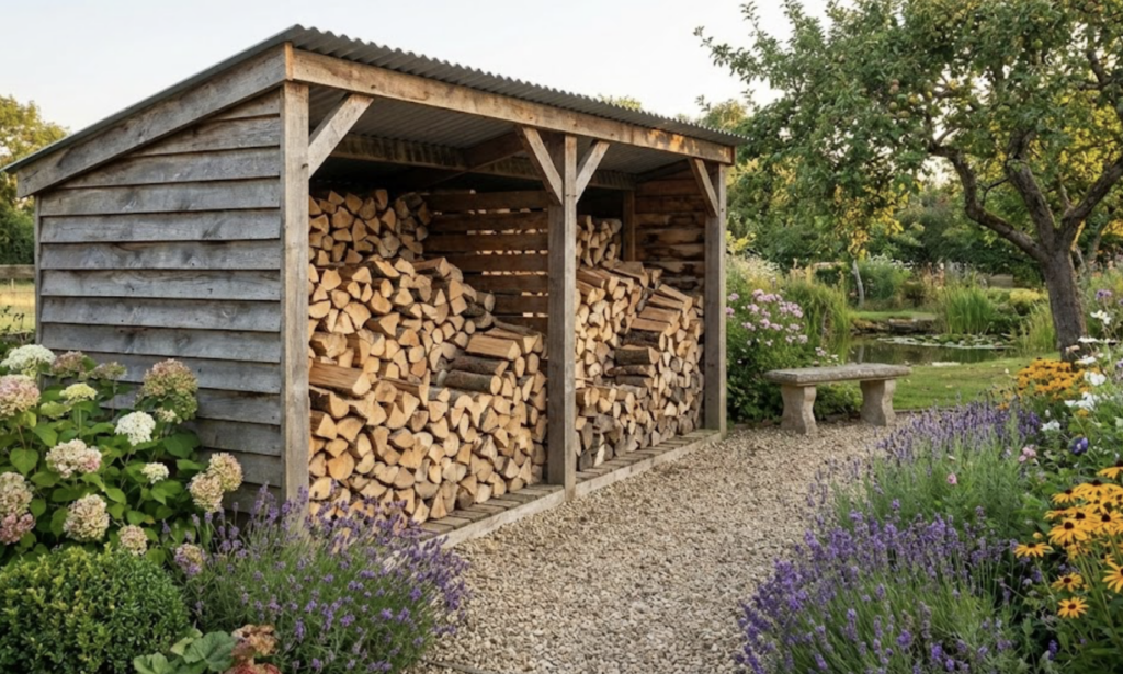 Fachgerechte Lagerung von Kaminholz in einem luftigen Unterstand im Garten.
